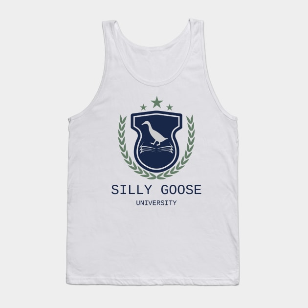 Silly Goose University - Walking Goose Blue Emblem With Green Details Tank Top by Double E Design